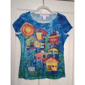 Leoma Lovegrove Wearable Art Tropical Island Short Sleeve Shirt Women's S(1166)